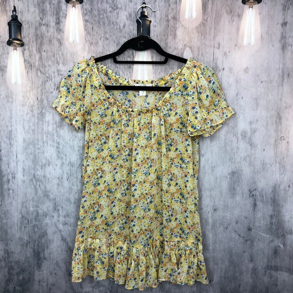 Decree Yellow Floral Short Sleeve Boho Top Blouse - Picture 1 of 8